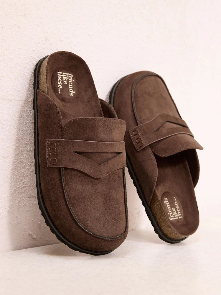 Buy Friends Like These Chocolate Brown Faux Suede Clog Slip On Casual Footbed from Next Ireland | Next EU