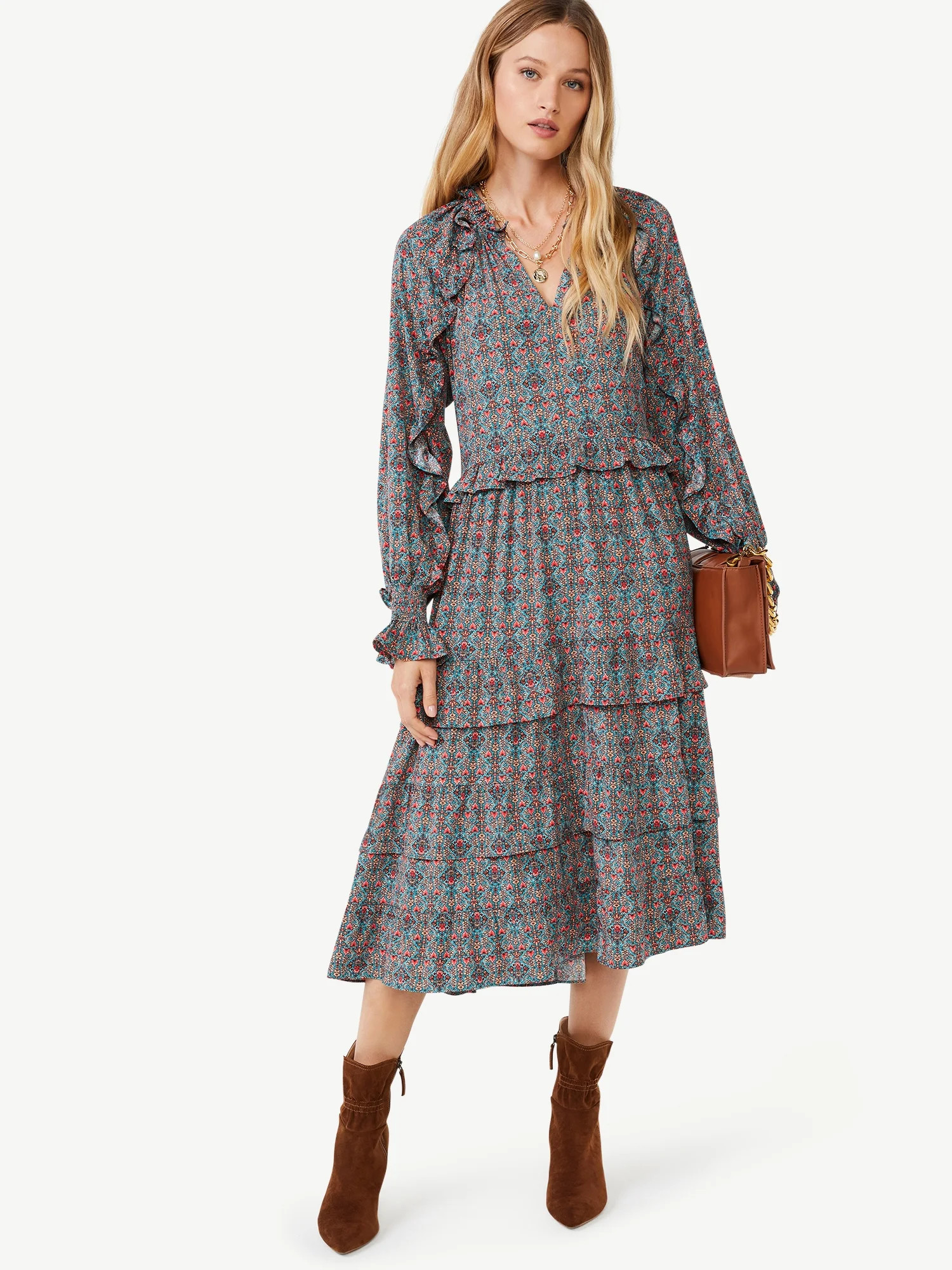 Scoop Women's Tiered Midi Dress with Long Sleeves | Walmart (US)