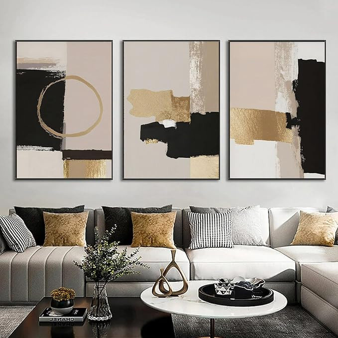 Black and Gold Abstract Canvas Wall Art Neutral Pictures Wall Decor Black Beige and Gold Wall Art... | Amazon (US)