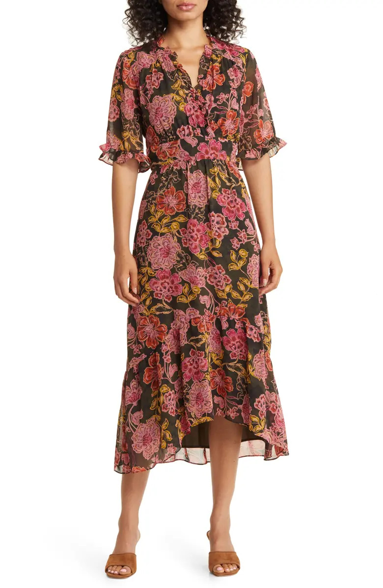 Floral Ruffle Faux Wrap Midi Dress | Nordstrom