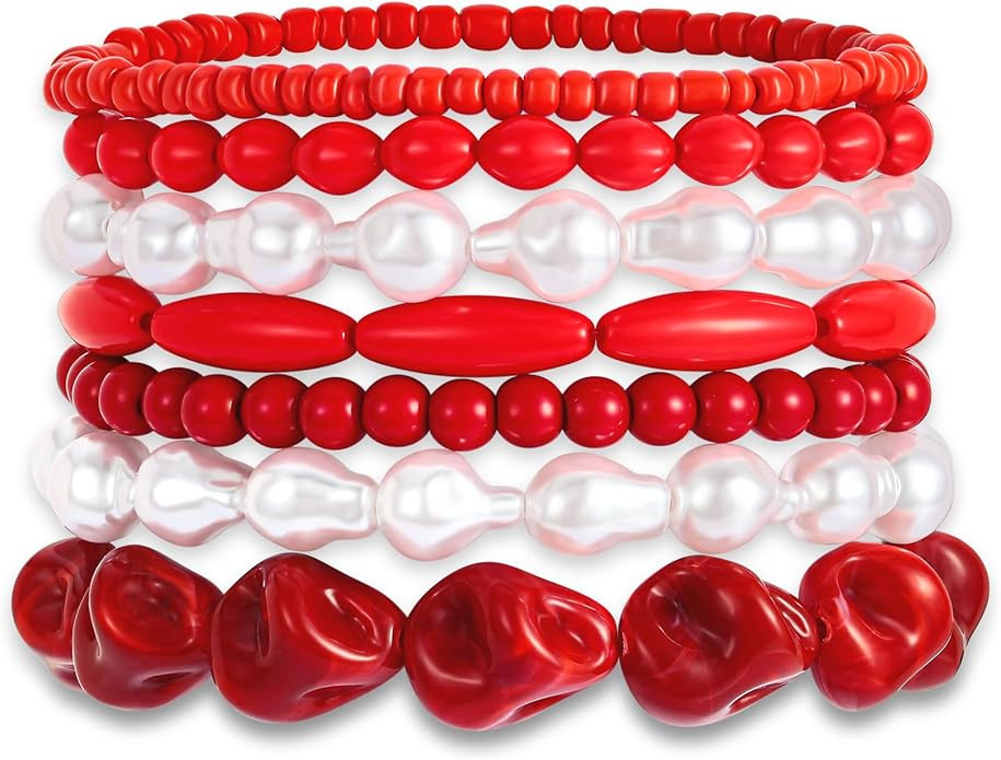 Amazon.com: WOWORAMA 7pcs Layered Beads Bracelets Set for Women Trendy Stackable Red Coral Pearl ... | Amazon (US)