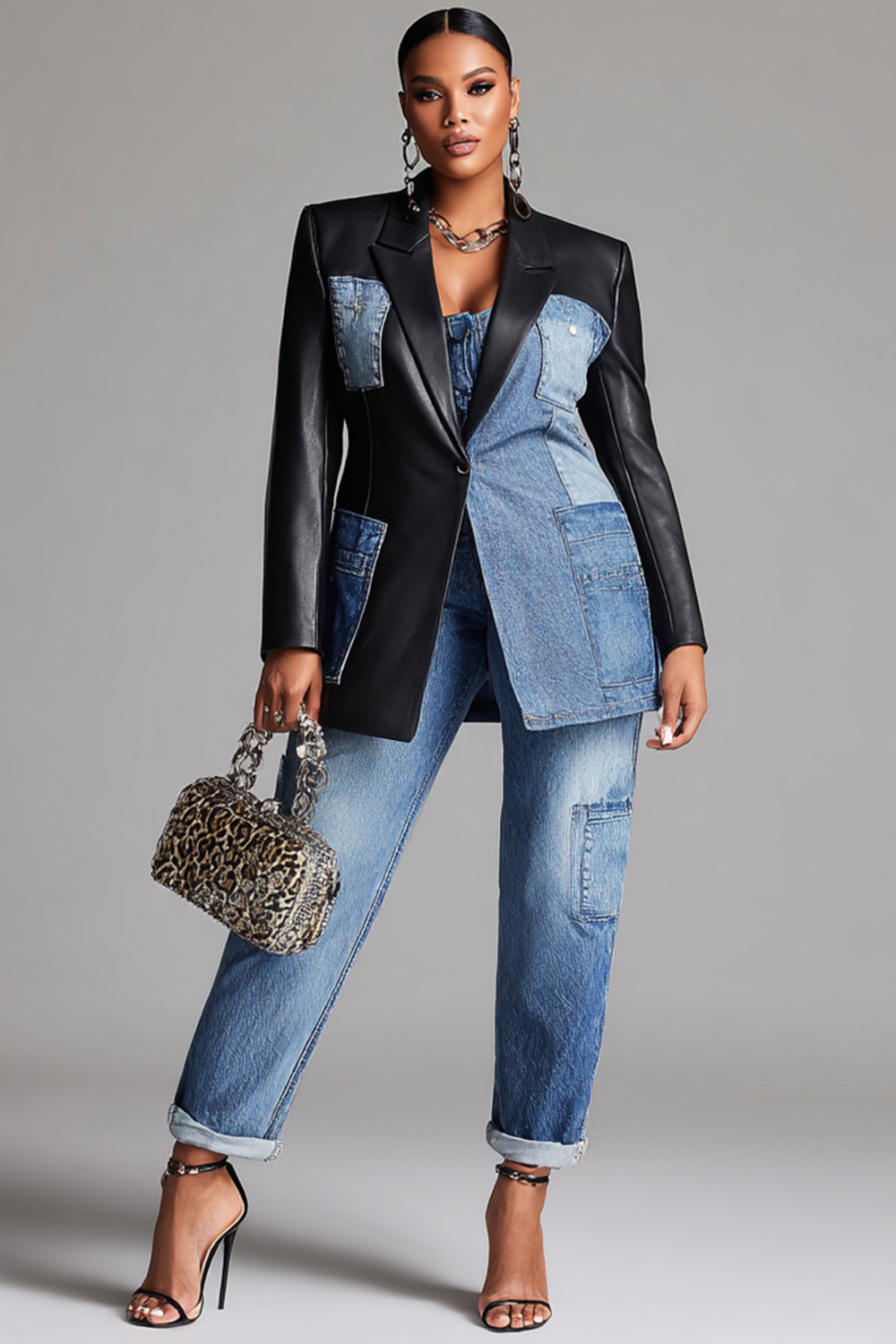 Xpluswear Design Plus Size Business Casual Blue Lapel Collar Long Sleeve Contrast Casual Cargo De... | Xpluswear