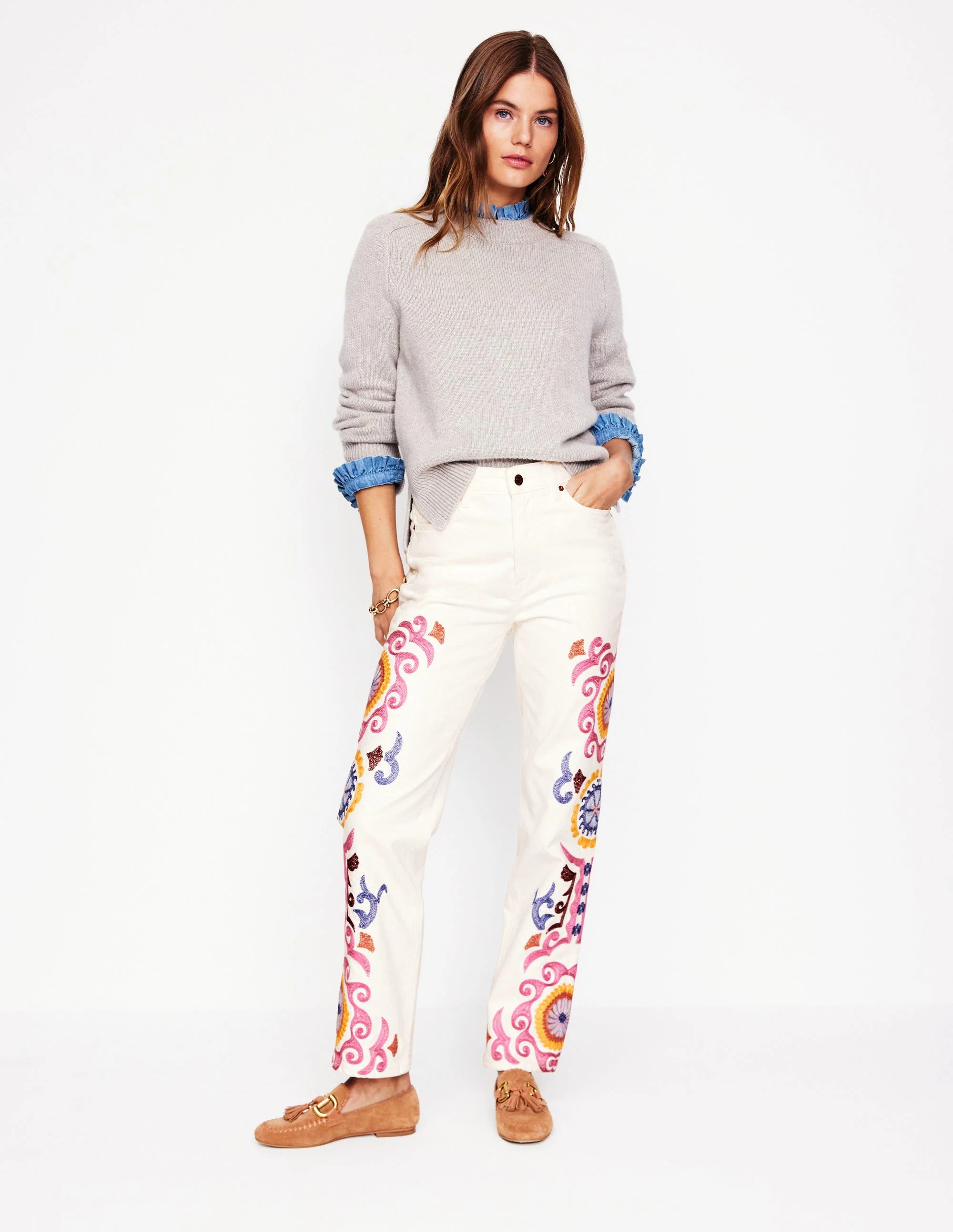High Rise Embroidered Jeans-White Embroidery | Boden (US)