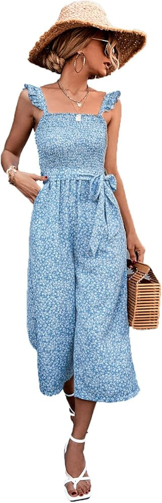 NOMSOCR Women's Summer Casual Floral Print Jumpsuits Straps Waistband Wide Leg Jumpsuits Romper | Amazon (US)