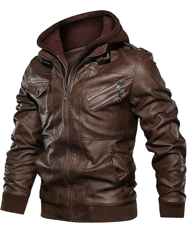 CARWORNIC Men's Faux Leather Jacket Casual Brown Motorcycle Jacket with Removable Hood | Amazon (US)