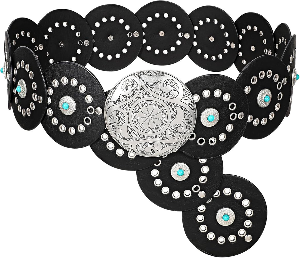XZQTIVE Western PU Leather Belts for Woman Concho Cowgirl Cowboy Disc Belt for Ladies Wide Boho C... | Amazon (US)