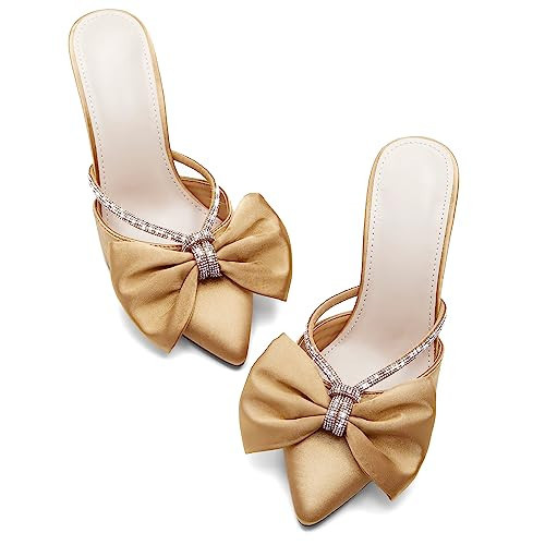 Coutgo Womens Bow Heels Mules Pointed Closed Toe Sandals Rhinestone Satin Backless Wedding Shoes, Brown, Size 9.5 | Amazon (US)