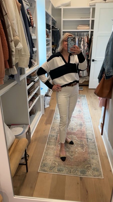 Cutest lightweight, rugby striped sweater with collar from Loft. Now on sale. I sized up to a medium to give a looser fit 


#LTKmidsize #LTKsalealert #LTKover40