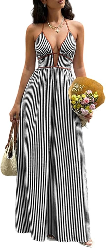 LROSEY Women Summer Pinstripe Halter Maxi Dress Beach Vacation Sexy Flowy Sleeveless Backless Lon... | Amazon (US)