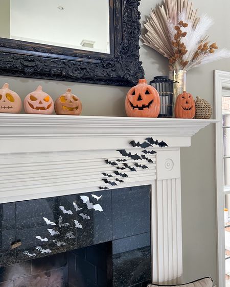 Bat decorations. Halloween decorations. Halloween decor. Pumpkin decor. Fireplace decor. Halloween fireplace. Boho fall decor. Fall mantle. Terracotta pumpkins. 

#LTKHalloween #LTKhome #LTKSeasonal