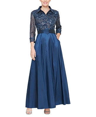 Alex Evenings Women's Sequin-Embroidered 3/4-Sleeve Belted Dress - Macy's | Macy's