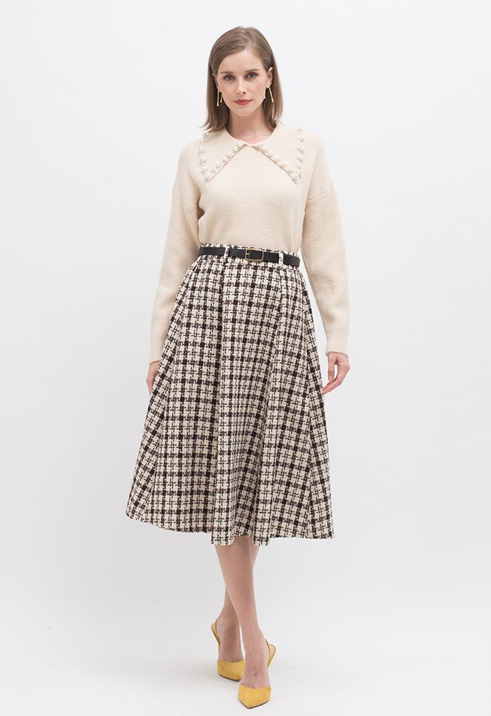 Shepherd's Check Belted Tweed Skirt in Brown | Chicwish