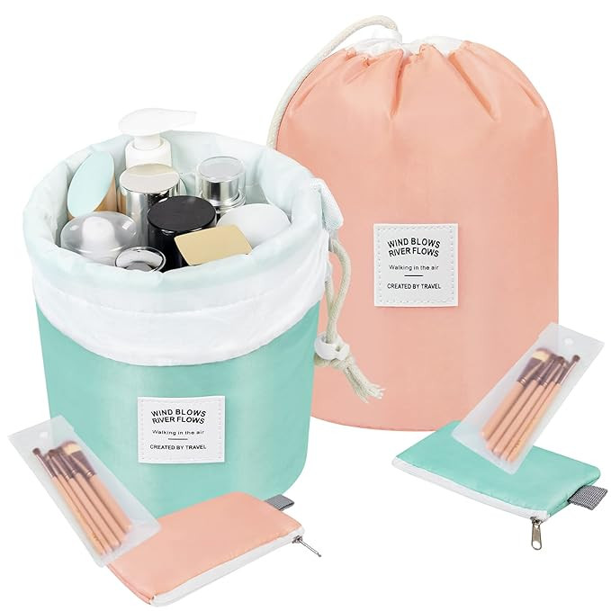 Travel Makeup Bag, 2 Pack Portable Collapsible Cases Drawstring Cosmetic Pouch Bag, Multifunction... | Amazon (US)