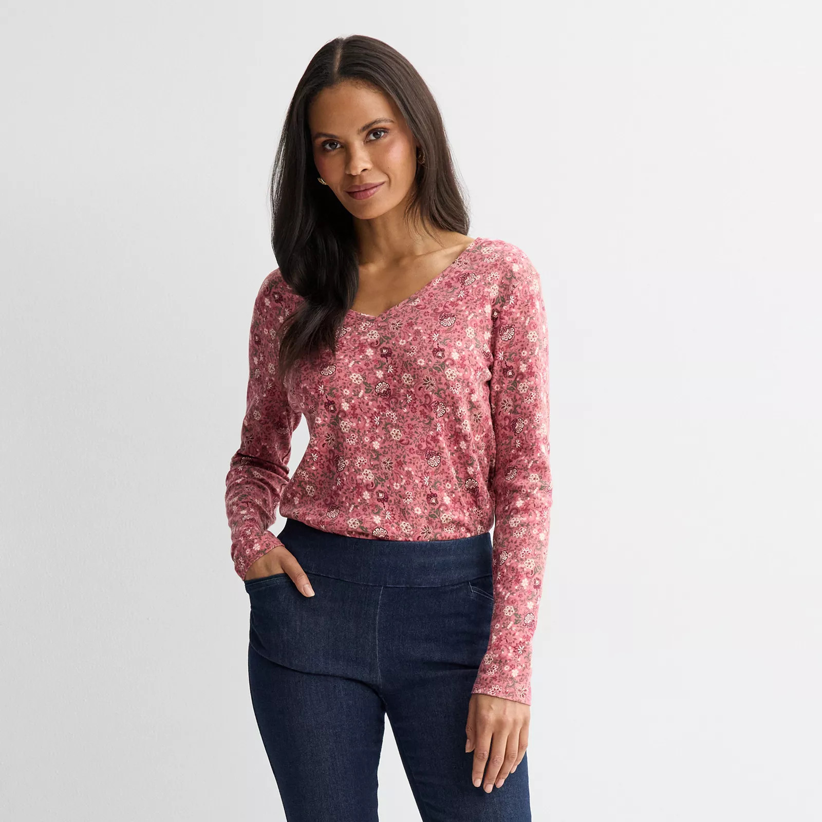 Women's Croft & Barrow® Essential Long Sleeve V-Neck Tee, Size: Large, Currant Pink | Kohl's