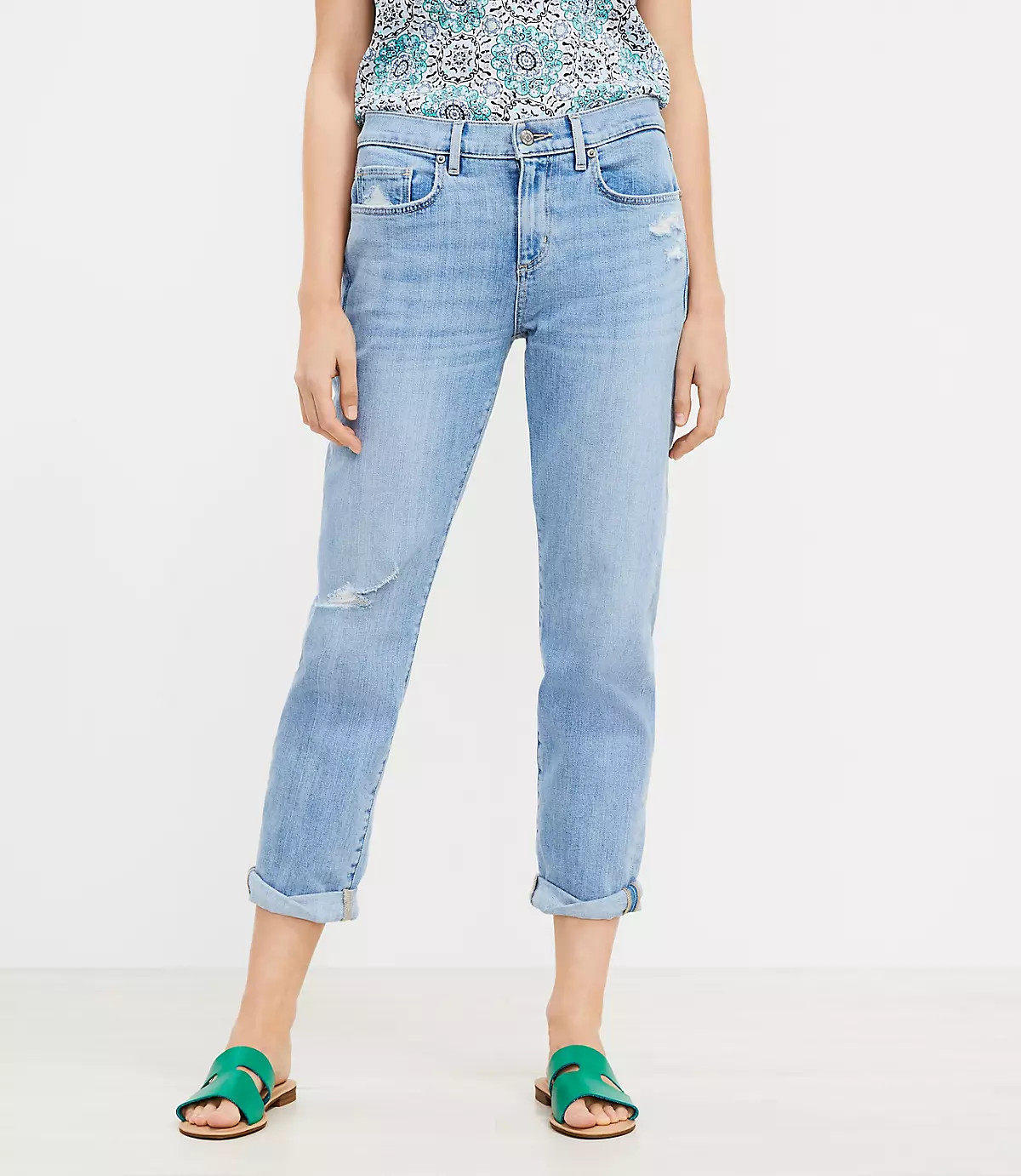Destructed Super Soft Girlfriend Jeans in Light Vintage Indigo Wash | LOFT