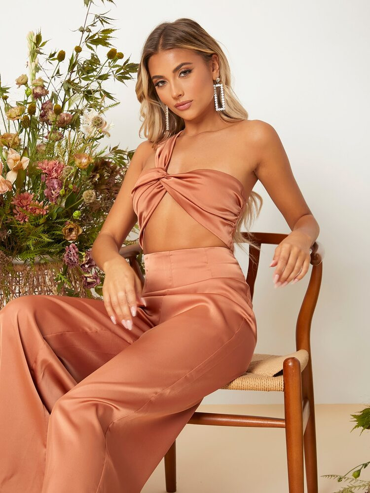 SHEIN 1pc One Shoulder Twist Front Cut Out Satin Jumpsuit | SHEIN