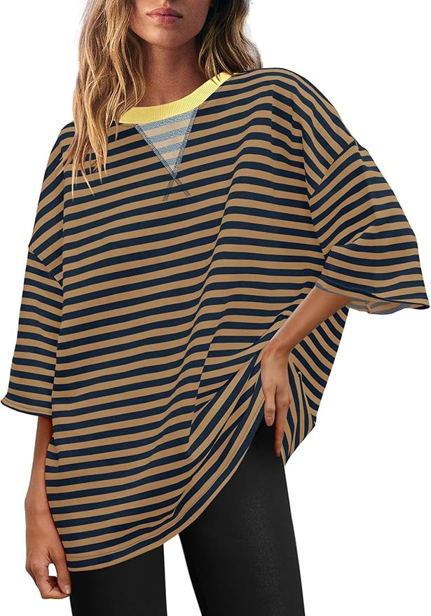 Panadila Womens Striped Short Sleeve Tunic Tops Oversized Crewneck T Shirt Casual Loose Fit Color... | Amazon (US)