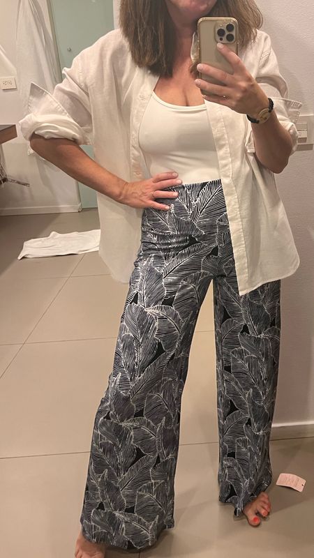 The most comfortable pants currently on the Amazon spring sale. Perfect for your next vacation, spring break, travel, lounging around the house, running errands hanging with the kids.  Come in multiple color options. TTS i am wearing a medium. Great body suit and oversized button down for cooler summer nights  

#LTKsalealert #LTKover40 #LTKSeasonal