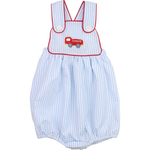 Blue Seersucker Crochet Firetruck Bubble | Cecil and Lou