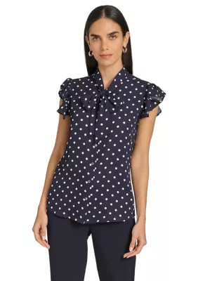 Tommy Hilfiger Women's Dot Ruffle Sleeve Bow Blouse, Small | Belk