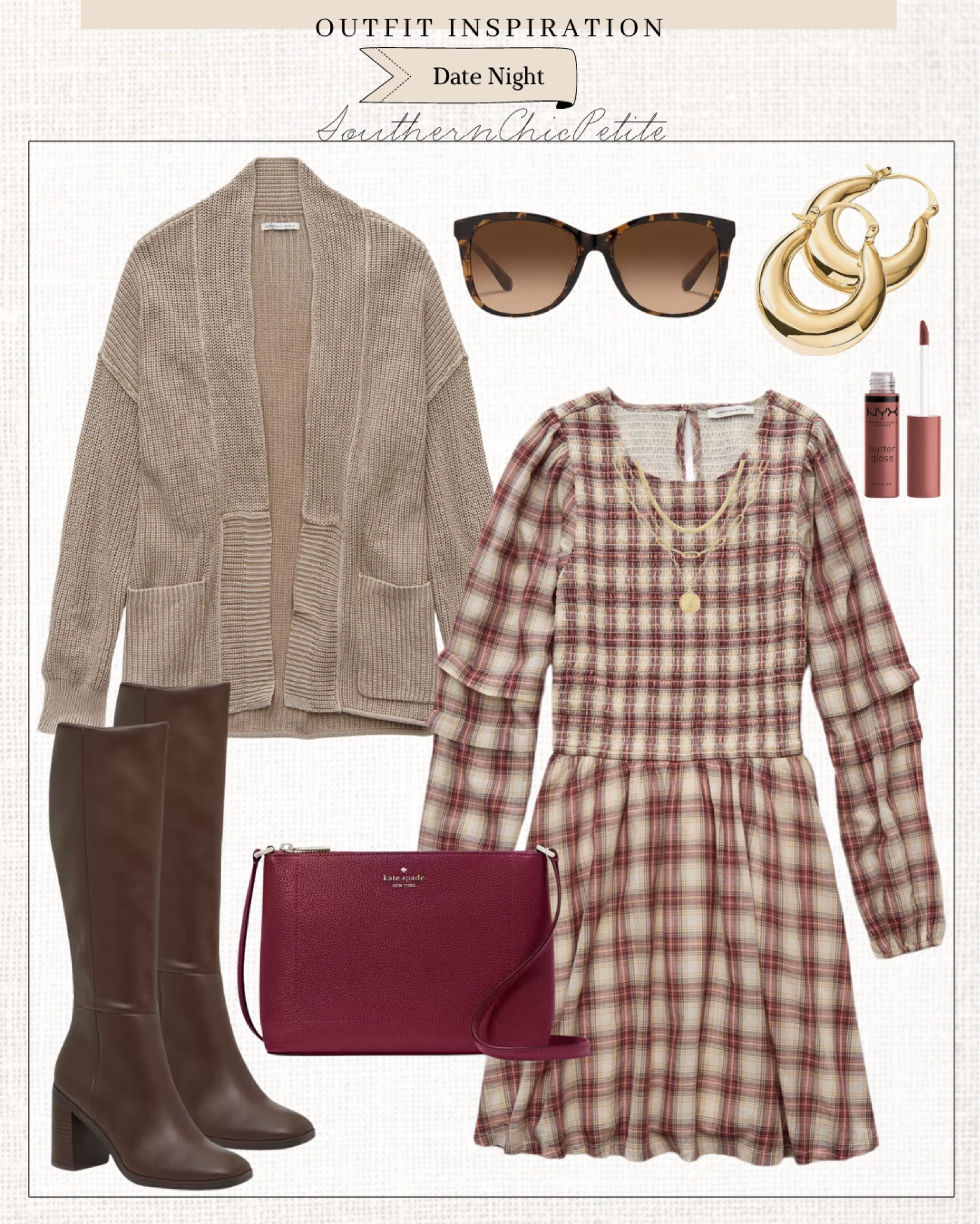 Fall Dress • Fall Boots • Cardigan • Crossbody Bag • Gold Earrings • Fall Outfit 

#LTKFindsUnder50 #LTKFallSale #LTKShoeCrush