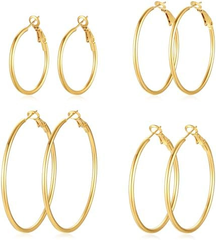 4 Pairs Silver Gold Hoop Earrings for Women | 14K Gold Plated Hoop Earrings Set Hypoallergenic Ea... | Amazon (US)
