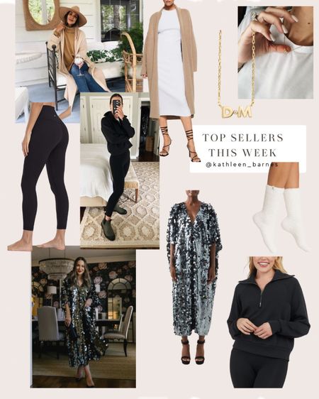 This week’s top sellers - sequined caftan, cozy half zip pullover, best lulu legging dupes for $28, coziest socks (great gift!), duster cardigan, 18k gold initial necklace 

#LTKstyletip