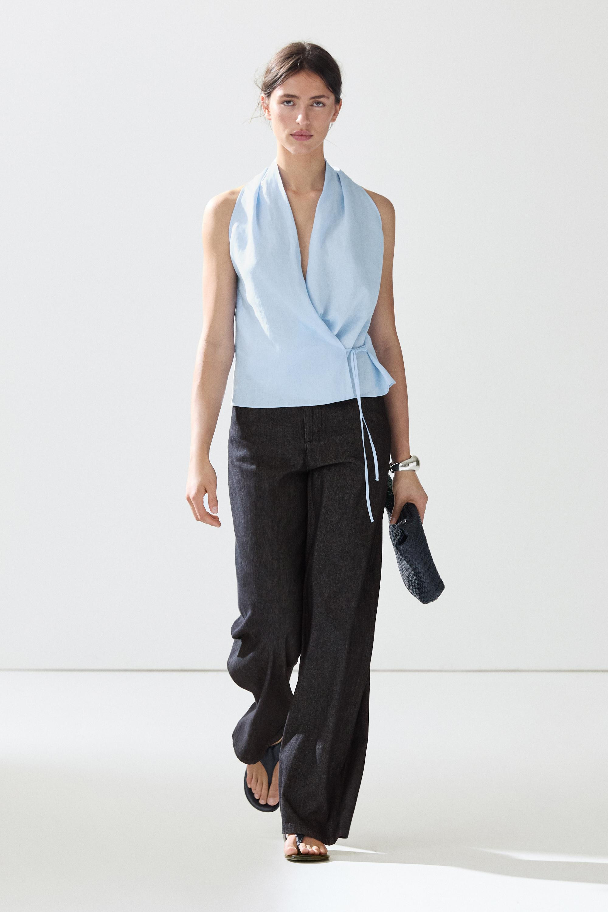 100% linen halter top with tie detail | Massimo Dutti US