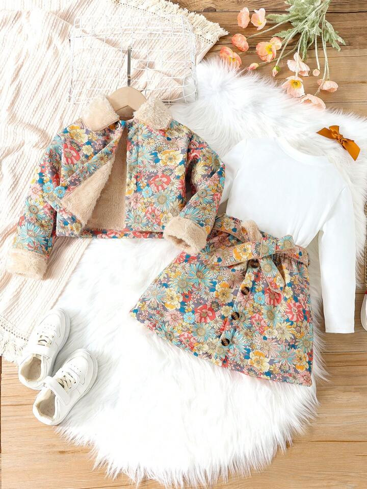 SHEIN Young Girl Floral Print Borg Collar Coat & Belted Skirt & Solid Tee | SHEIN USA | SHEIN