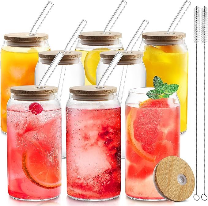 Glass Cups with Bamboo Lids and Straws 8pcs Set, 20oz Can Shaped Cups, Beer Glasses, Iced Coffee ... | Amazon (US)