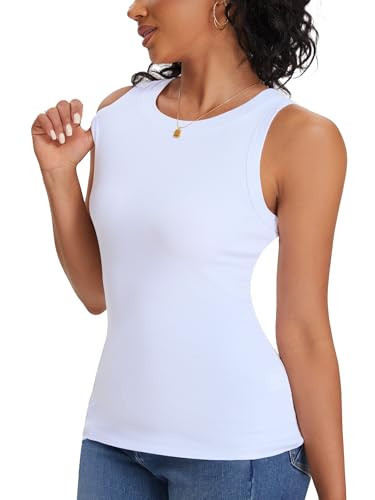 White Ribbed Basic Tank Tops Women Cuting Going Out Summer Tops(White X-Large) | Amazon (US)