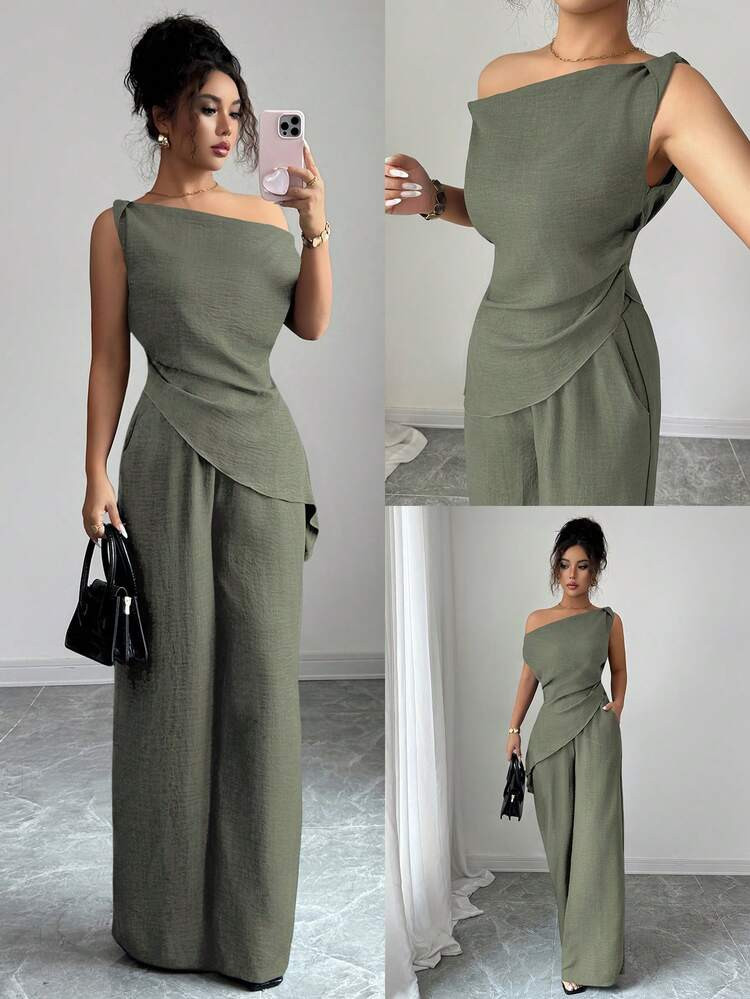 Elenzga Summer New Korean Style 2 Pieces Set For Women, Suitable For Travel And Photography, Featuring Gorgeous Deep Sea Blue Asymmetric Shoulder Top And High-Waisted Slimming Casual Pants | SHEIN