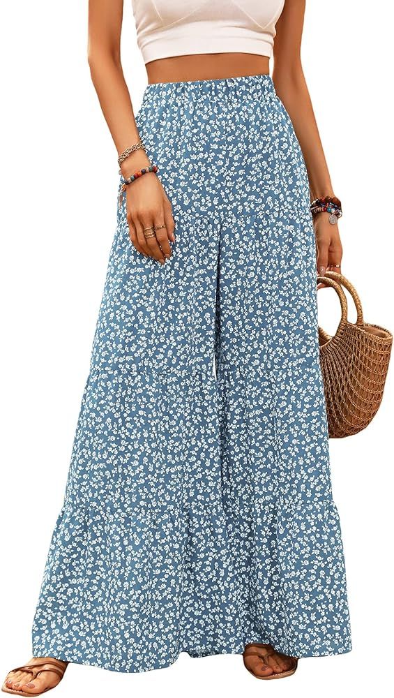 MakeMeChic Women's Floral High Waisted Ruffle Wide Leg Pants Boho Summer Beach Palazzo Pants | Amazon (US)