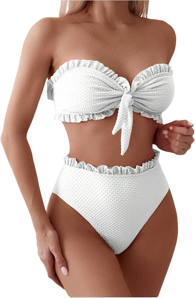 SOLY HUX Women's Ruffle Strapless Bikini Set 2 Piece Bandeau Swimsuit High Waist Bathing Suits | Amazon (US)