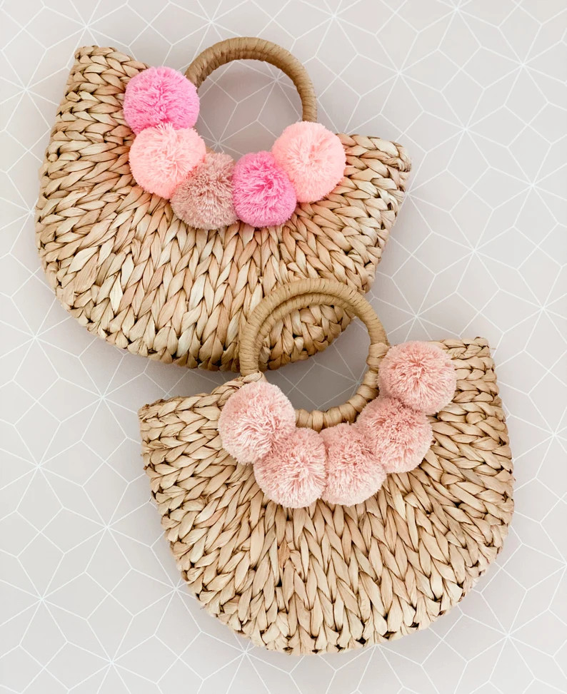 Pom Pom Purse Women Straw Purse Pink Beach Travel Vacation Bag | Etsy | Etsy (US)