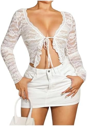 GORGLITTER Women's Lace Tie Front Tops Ruffle Long Sleeve See Through Crop Top Shirt Sexy Sheer M... | Amazon (US)