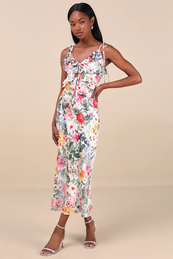 Clelia Ivory Multi Floral Satin Ruffled Tie-Strap Midi Dress | Lulus