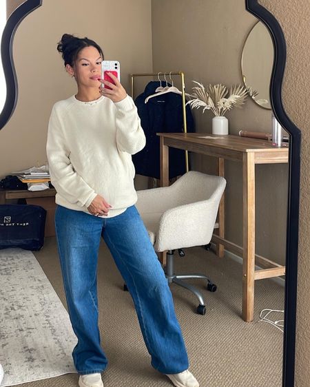 Coziest sweater and under $20! I sized up to a mens medium for a more oversized fit. 

Wide leg jeans are TTS, waist is very fitted (good for small waists, but if not may want to size up). I’m wearing unzipped to accommodate baby bump!

#LTKunder50 #LTKfit #LTKbump
