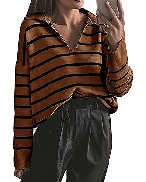 CFLONGE Women's Winter Casual Striped Long Sleeve Polo V Neck Pullover Sweater Loose Fit Drop Sho... | Amazon (US)