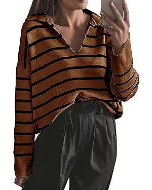 CFLONGE Women's Winter Casual Striped Long Sleeve Polo V Neck Pullover Sweater Loose Fit Drop Sho... | Amazon (US)