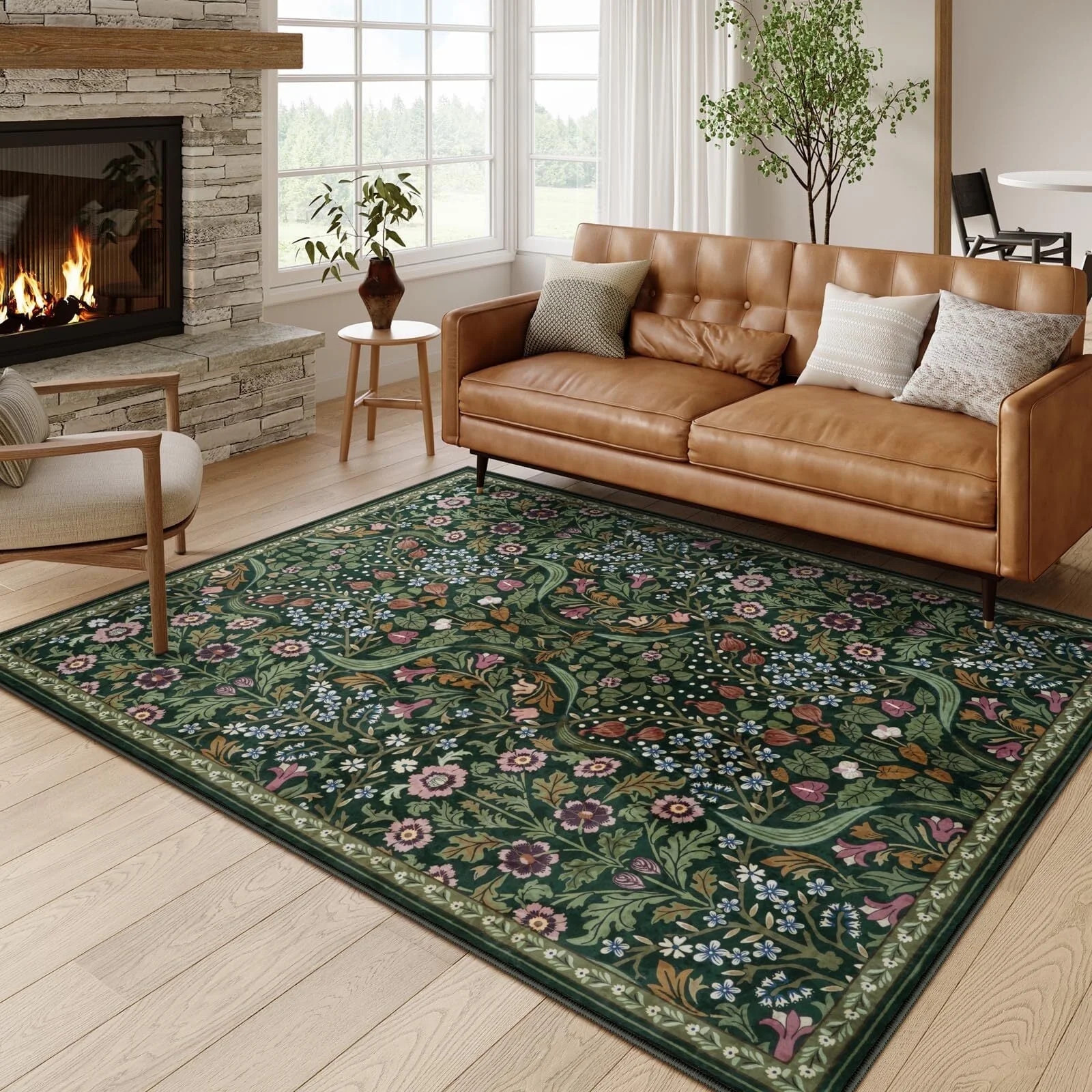 Lahome Floral Washable 5'x7' Rug, Green Area Rugs for Living Room, Non Slip Boho Dining Room Rug ... | Walmart (US)