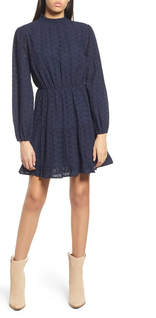 Sunday Funday Eyelet Detail Long Sleeve Cotton Minidress | Nordstrom