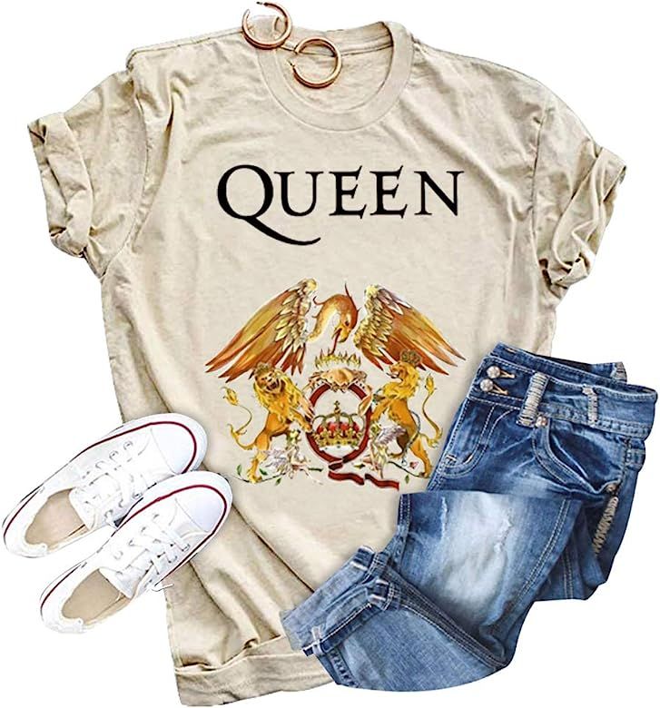 Womens Queen Band Vintage Tops Funny Graphic Freddie Mercury Tops Short Sleeve Queen Band Tee | Amazon (US)
