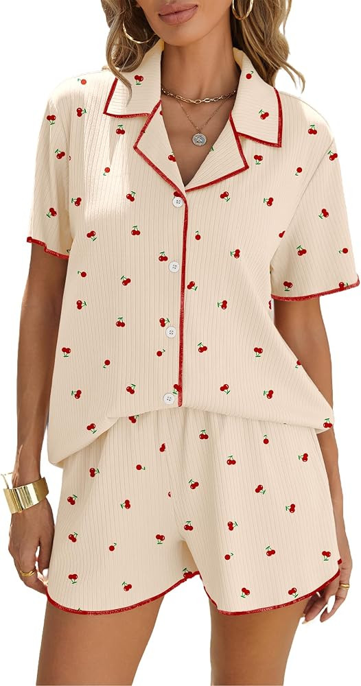 Women's Ribbed Button Down Pajamas Sets 2 Piece Short Sleeve Shorts Pjs Knit Lounge Sets | Amazon (US)