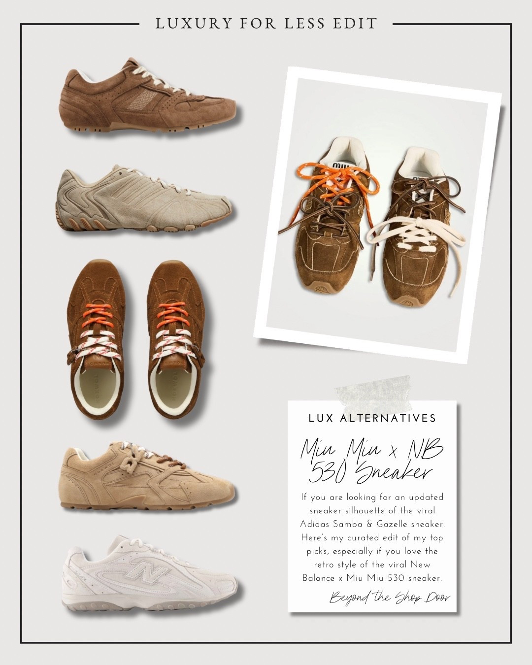 Miu Miu x NB 530 Sneaker -Lux Alternatives 

Luxury for Less Edit

If you are looking for an updated sneaker silhouette of the viral Adidas Samba & Gazelle sneaker.

Here’s my curated edit of my top picks, especially if you love the retro style of the viral New Balance x Miu Miu 530 sneaker.


#LTKOver40 #LTKStyleTip #LTKShoeCrush