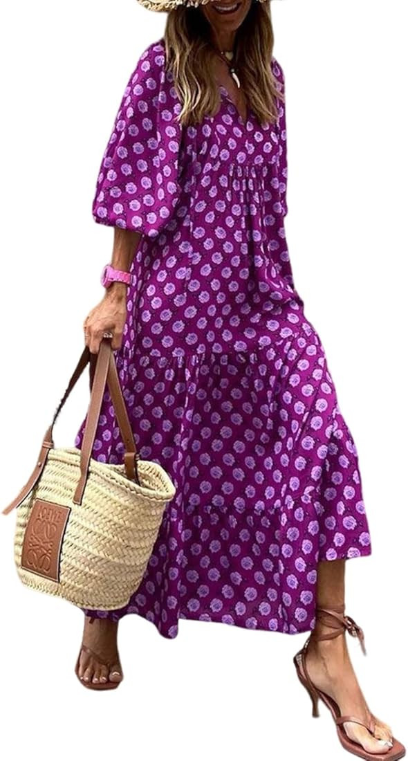 Dokotoo Women Boho Maxi Dresses 2023 V Neck Long Puff Sleeve Smocked Ruffle Flowy Casual Dress | Amazon (US)