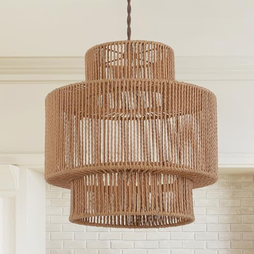 Boho Rattan Lamp Shades for Pendant Light Chandelier Floor Lamps Replacement,Rustic 3-Tier Drum Lamp Shade with Hand-Woven Rattan for Living Room Kitchen Dining Room Office Hotel. | Amazon (US)