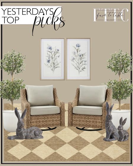 Yesterday’s Top Picks. Follow @farmtotablecreations on Instagram for more inspiration.

Better Homes & Gardens River Oaks Outdoor Swivel Gliders with Patio Covers, Set of 2, Natural. My Texas House Delicate Botanical Framed Art 17" x 29". nuLOOM Sabina Diamond Trellis Indoor/Outdoor Area Rug. 4.5' Olive Double Topiary Silk Tree. Better Homes & Gardens 16"W x 16"L x 15.8"H Ellan White Resin Plant Pot Planter. Essex Handcrafted Bunny Sculptures. Outdoor Patio Space. Outdoor Decor. 

Nearly Natural Topiaries on sale  




#LTKsalealert #LTKhome #LTKfindsunder50