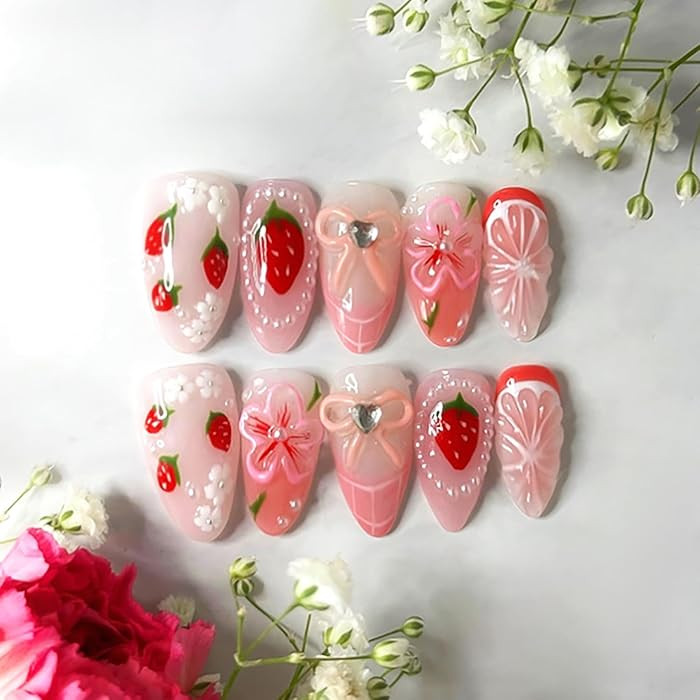 24Pcs Cute Strawberry Press on Nails Medium Almond Fake Nails with Pearl Rhinestone Stick on Nail... | Amazon (US)