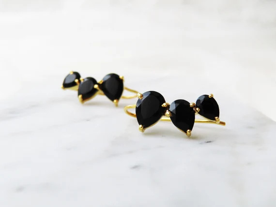 Onyx moonstone gold plated ear climbers | Etsy (US)